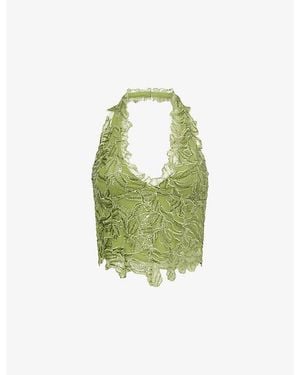 Jaded London Sequinned Halter-Neck Lace Top - Green