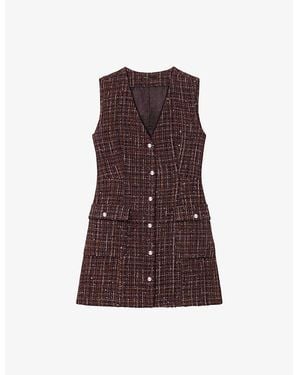 Maje V-Neck Side-Pocket Tweed Mini Dress - Brown