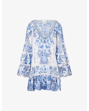 CAMILLA Gathered-Panel Ceramic-Print Silk And Cotton Mini Dress - Blue
