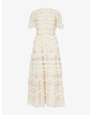 Needle & Thread Marina Floral Ruffle Mesh Gown - Natural