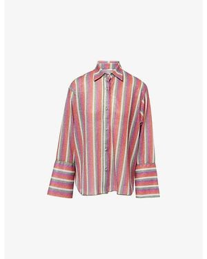 Oséree Lumiere Long-Sleeve Metallic Knit Shirt - Red