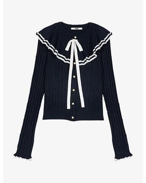 Maje Layered-Cape Contrast-Trim Knitted Cardigan - Blue