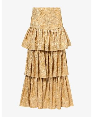 GRACE FAENA Roses Tiered Beaded Silk Midi Skirt - Metallic