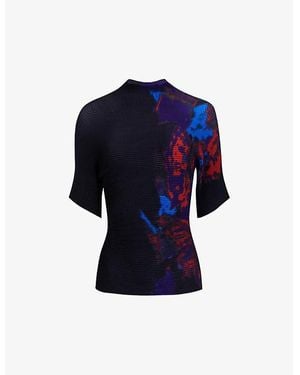 eem Graphic-Print High-Neck Plisse Woven Top - Blue
