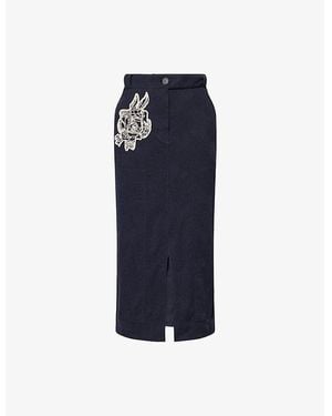Erdem Flower-Embroidered A-Line Cotton-Blend Midi Skirt - Blue