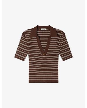 Sandro Striped Slim-Fit Knitted Polo Shirt - Brown