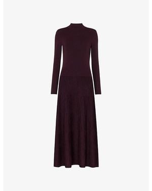 Whistles Funnel-Neck Pleated-Knit Midi Dress - Purple