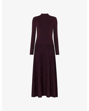 Whistles Funnel-Neck Pleated-Knit Midi Dress - Purple