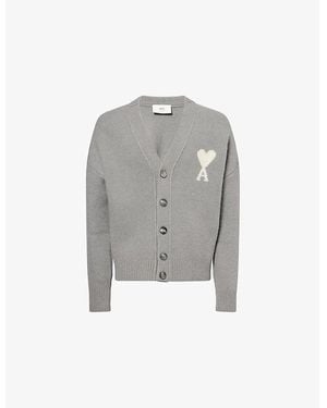 Ami Paris Logo-Intarsia Brushed Wool-Blend Cardigan - Grey