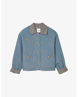 Sandro Checked-Collar Patch-Pocket Denim Jacket - Blue