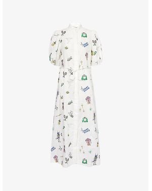 ALÉMAIS Play Graphic-Embroidered Linen Midi Dress - White