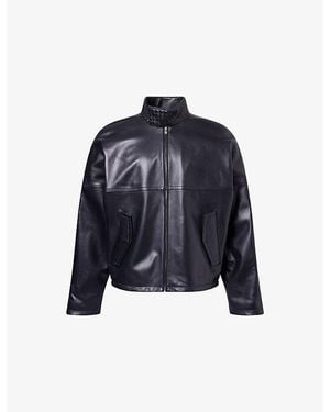 Bottega Veneta Intrecciato-Collar Regular-Fit Leather Jacket - Blue