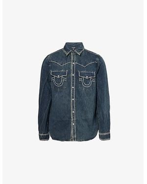 True Religion Contrast-Stitch Faded-Wash Western Denim Shirt - Blue