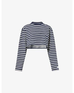 Ru & Rocka Striped Cropped Stretch-Cotton T-Shirt - Blue