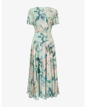 Givenchy Rose-Print Round-Neck Woven Midi Dress - Green