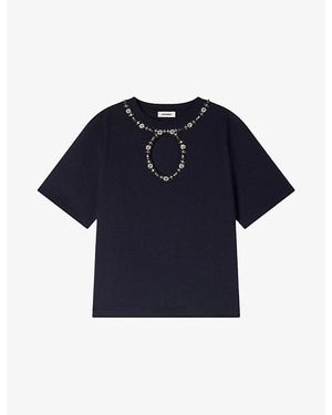 Sandro Openwork Rhinestone-Embellished Cotton T-Shirt - Blue