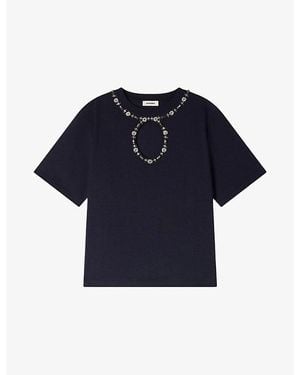 Sandro Openwork Rhinestone-Embellished Cotton T-Shirt - Blue