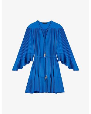 Maje V-Neck Pleated Woven Mini Dress - Blue
