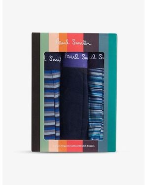 Paul Smith Branded-Waistband Mid-Rise Pack Of Three Stretch Organic-Cotton Boxers - Blue