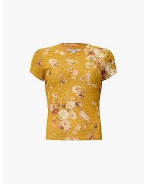 AllSaints Ellie Round-Neck Floral-Print Stretch-Mesh T-Shirt - Yellow
