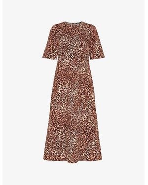 Whistles Veda Animal-Print Short-Sleeve Linen-Blend Midi Dress - Brown
