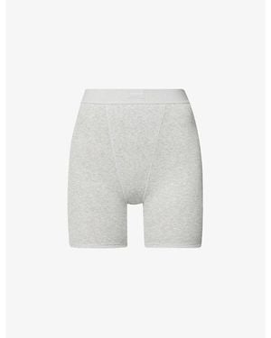 Skims Light Heather Ribbed High-Rise Stretch-Cotton Boxer Shorts - White