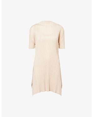 Pleats Please Issey Miyake Mock-Neck Short-Sleeve Knitted Tunic Top - Natural