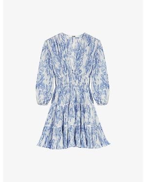 Maje Floral-Print Pleated Woven Mini Dress - Blue
