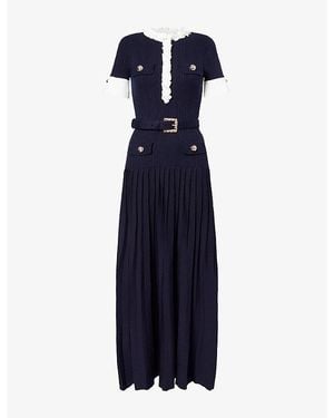 Self-Portrait Floral-Trim Ribbed-Knit Midi Dress - Blue