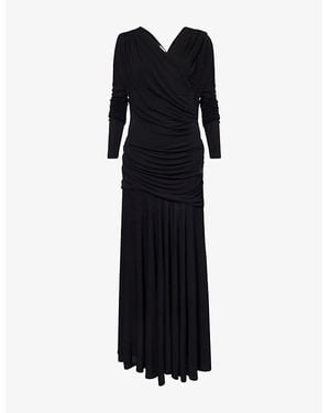 Ganni Ruched Long-Sleeves Woven Maxi Dress - Black