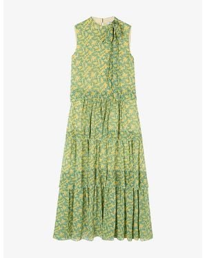LK Bennett Kristin Graphic-Print Tie-Neck Tiered Woven Midi Dress - Green