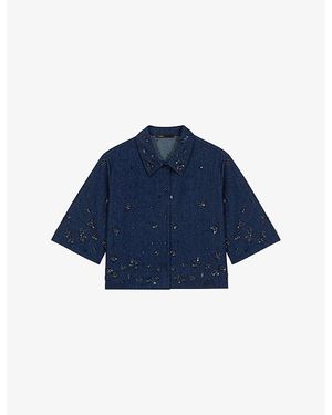 Maje Bead-Embellished Cropped Denim Shirt - Blue