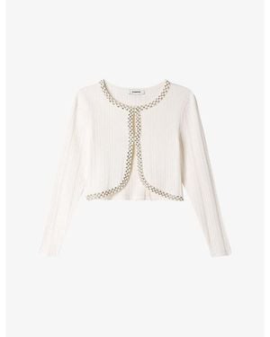 Sandro Cropped Pearl-Embellished Stretch-Knit Cardigan - White