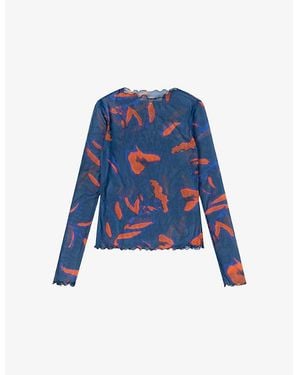 OMNES Lorrie Mesh Leaf-Print Stretch-Mesh Top - Blue