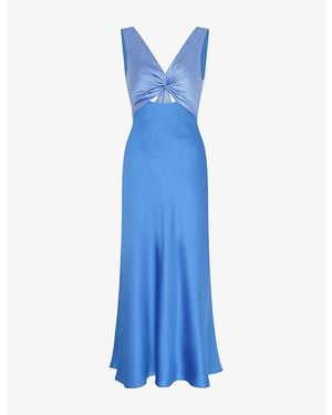 OMNES Maggy V-Neck Cut-Out Sleeveless Satin Midi Dress - Blue