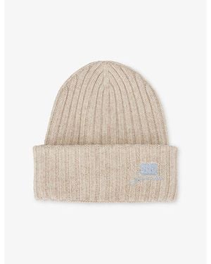Ganni Ribbed Brand-Embroidery Wool-Blend Beanie - Natural