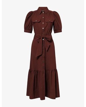ME+EM Puff-Sleeve Seersucker Cotton Midi Shirt Dress - Red