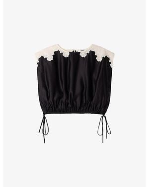 Sandro Lace-Trim Cropped Satin Top - Black