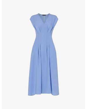 Whistles Panel V-Neck Short-Sleeve Linen-Blend Midi Dress - Blue