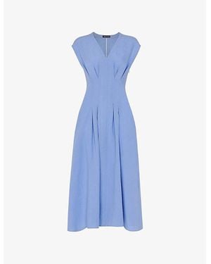 Whistles Panel V-Neck Short-Sleeve Linen-Blend Midi Dress - Blue