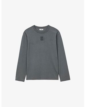 Sandro Brand-Embroidered Long-Sleeved Cotton-Jersey T-Shirt - Grey