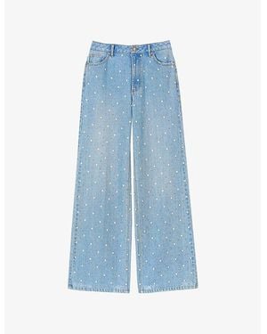 Sandro Rhinestone-Embellished Wide-Leg Mid-Rise Denim Jeans - Blue