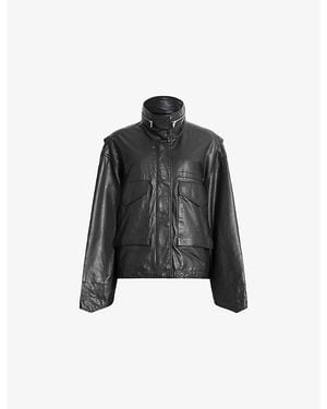 AllSaints Clay Funnel-Neck Cropped Leather Jacket - Black