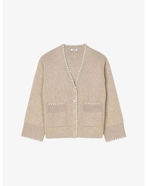 Sandro V-Neckline Contrast-Edge Knitted Cardigan - Natural