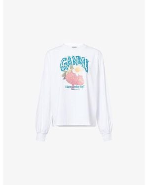 Ganni Strawberry-Print Long-Sleeve Cotton-Jersey T-Shirt - White