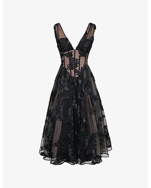 House Of Cb Sianna Plunge-Neck Embroidered Woven Midi Dress - Black
