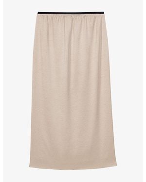 Maje Contrast-Waist High-Rise Satin Pencil Skirt - Natural