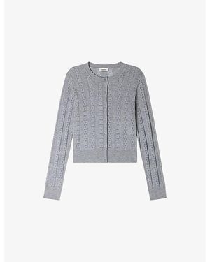 Sandro Pointelle Knitted Wool Cardigan - Gray