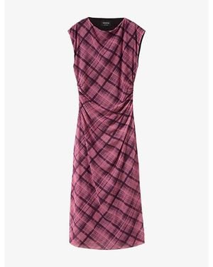 Whistles Twist-Check Short-Sleeve Stretch-Mesh Midi Dress - Purple