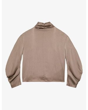 Reiss Meena High-Neck Long-Sleeve Silk Shirt - Brown